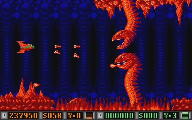 Blood Money Atari ST Screenshot: Some serpents appear from the fire...