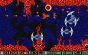 Blood Money for Atari ST - These giant spinning monsters need to be destroyed to make it past this area.