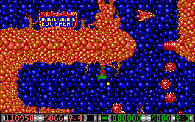 Blood Money IBM PC/Compatibles Screenshot: Be careful flying through this narrow passageway!