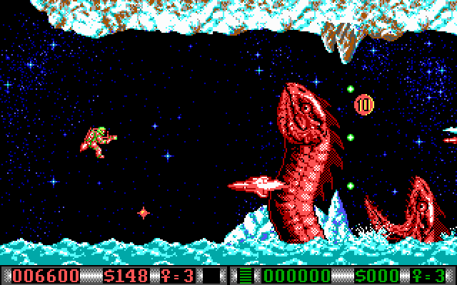 Blood Money IBM PC/Compatibles Screenshot: Giant serpents emerge from the icy waters!