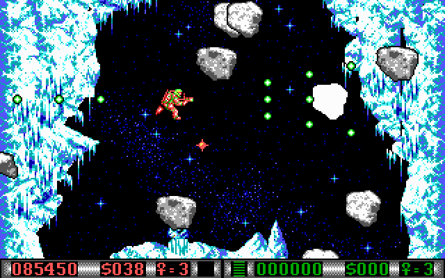 Blood Money IBM PC/Compatibles Screenshot: Avoid asteroids in this vertically scrolling section.