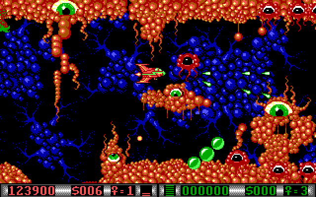 Blood Money IBM PC/Compatibles Screenshot: The terrain gets narrow on the fourth world.