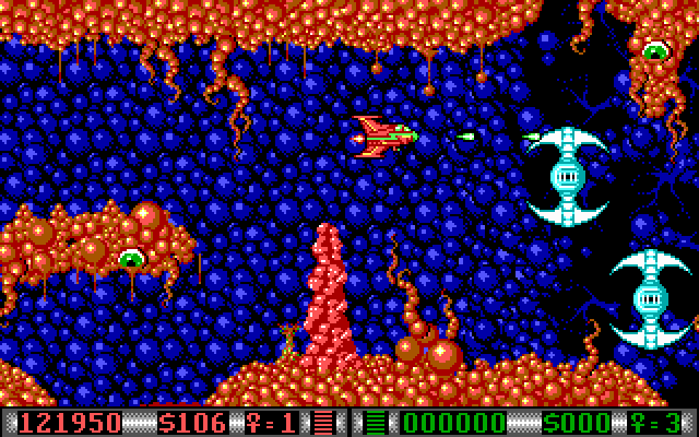 Blood Money IBM PC/Compatibles Screenshot: Giant spinning blades get in the way!