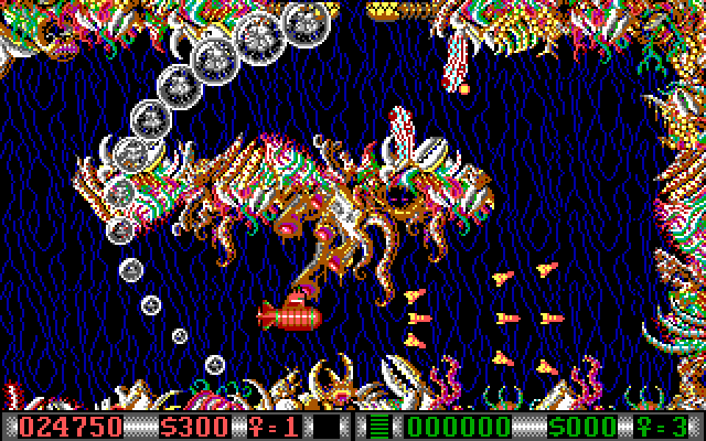 Blood Money IBM PC/Compatibles Screenshot: Dodge or shoot the bubble approaching from behind.