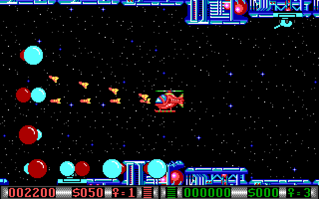 Blood Money IBM PC/Compatibles Screenshot: With this weapons upgrade I can fire two directions at once.