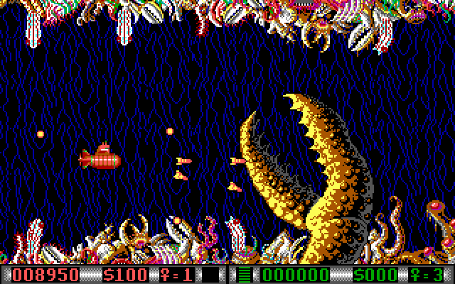 Blood Money IBM PC/Compatibles Screenshot: You need to avoid these giant claws...