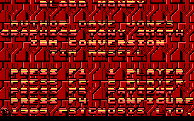 Blood Money IBM PC/Compatibles Screenshot: The background pattern changes each time the menu is loaded.