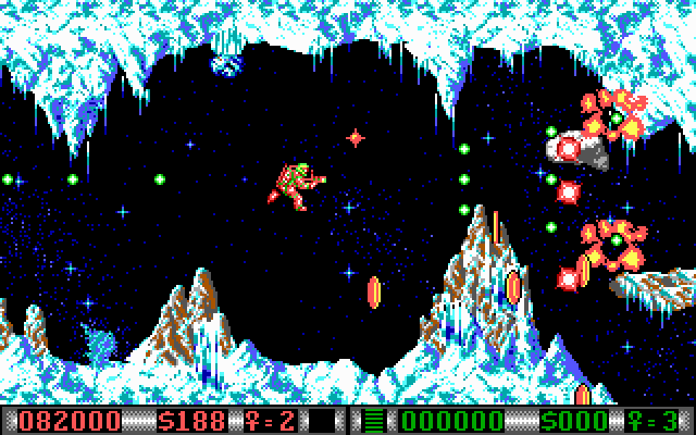 Blood Money IBM PC/Compatibles Screenshot: Blasting my way through a narrow path...