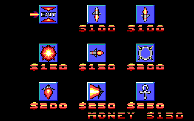 Blood Money IBM PC/Compatibles Screenshot: Purchase additional weapons with money earned.