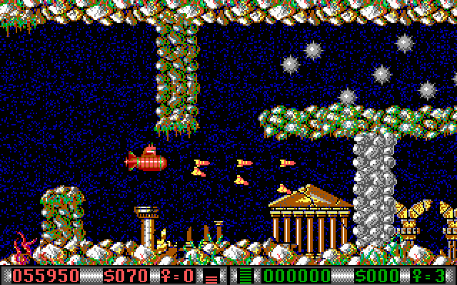 Blood Money IBM PC/Compatibles Screenshot: Navigating through a sunken city.