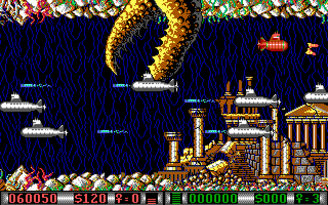Blood Money IBM PC/Compatibles Screenshot: Numerous subs appear at once! Shoot quickly...