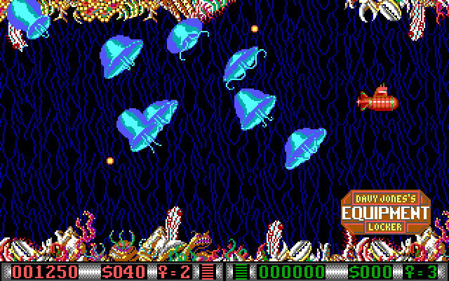 Blood Money IBM PC/Compatibles Screenshot: Stop at Davey Jones Locker to upgrade your weapons!