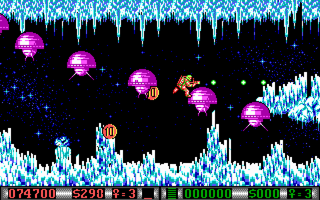 Blood Money IBM PC/Compatibles Screenshot: These purple saucers award money when destroyed!