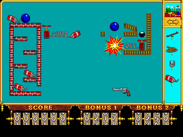 Incredible Machine, The IBM PC/Compatibles Screenshot: Some dynamite explodes.