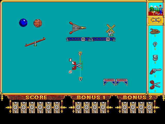 Incredible Machine, The IBM PC/Compatibles Screenshot: A free form mode allows you to build any machine you want to.