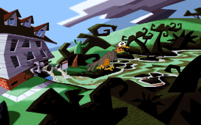 Maniac Mansion: Day of the Tentacle IBM PC/Compatibles Screenshot: The Edison's back yard doesn't look so good, though...