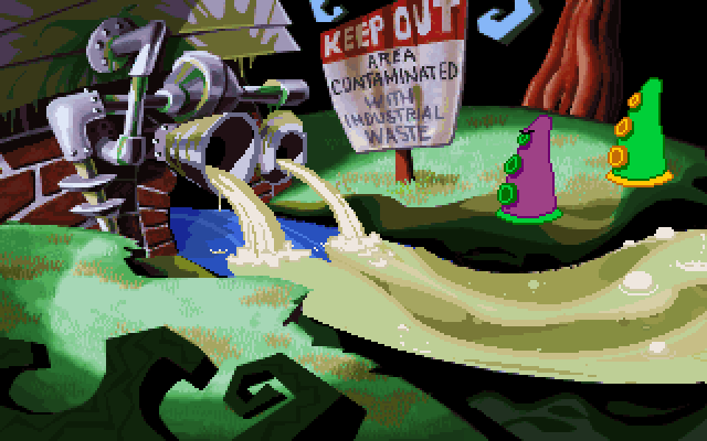 Maniac Mansion: Day of the Tentacle IBM PC/Compatibles Screenshot: Purple and green tentacles examine some contaminated water.
