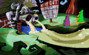 Maniac Mansion: Day of the Tentacle for IBM PC/Compatibles - Purple and green tentacles examine some contaminated water.