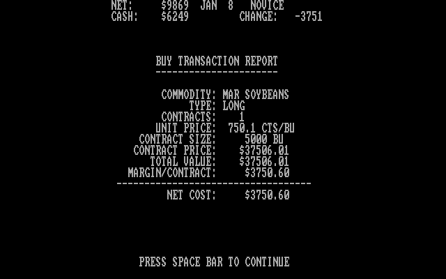 Tycoon: The Commodity Market Simulation IBM PC/Compatibles Screenshot: Purchase report.