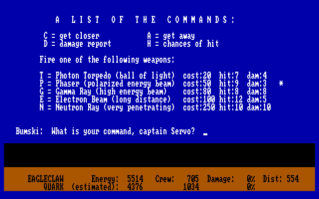 Star Turkey IBM PC/Compatibles Screenshot: List of commands.