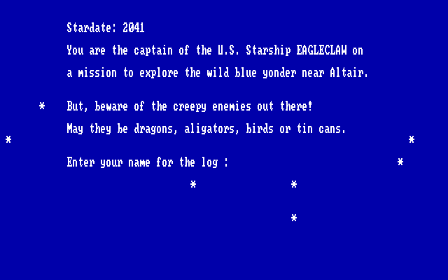 Star Turkey IBM PC/Compatibles Screenshot: Starting the game; what is your name, captain?