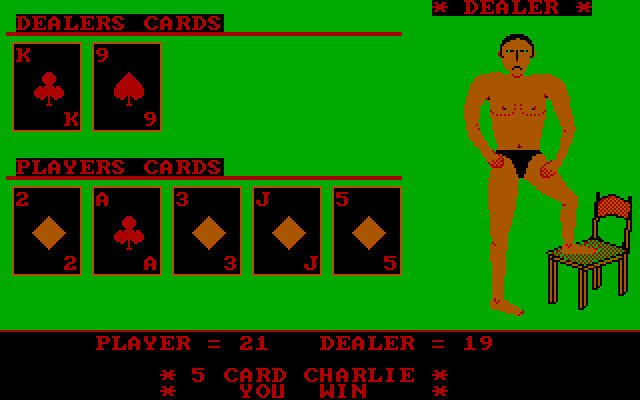 Strip Blackjack IBM PC/Compatibles Screenshot: Won with a 5 card charlie!