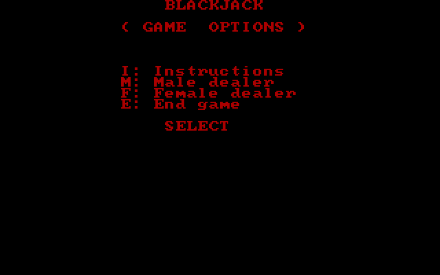 Strip Blackjack IBM PC/Compatibles Screenshot: The main menu.