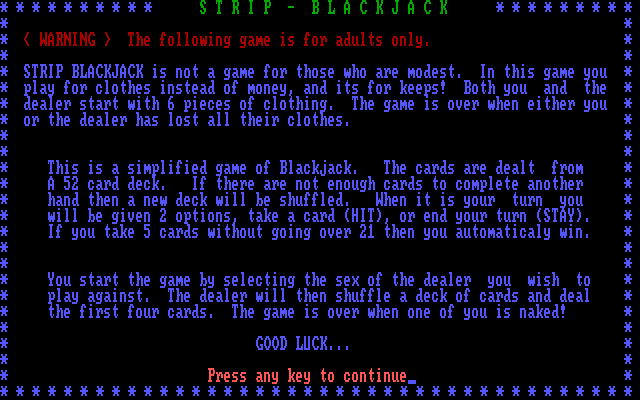 Strip Blackjack IBM PC/Compatibles Screenshot: Game instructions.