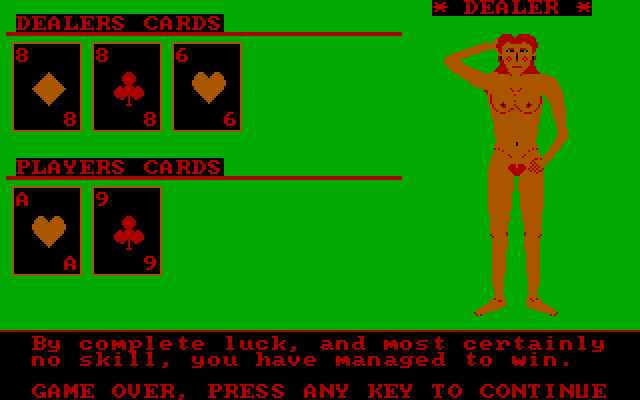 Strip Blackjack IBM PC/Compatibles Screenshot: Somehow, I won!