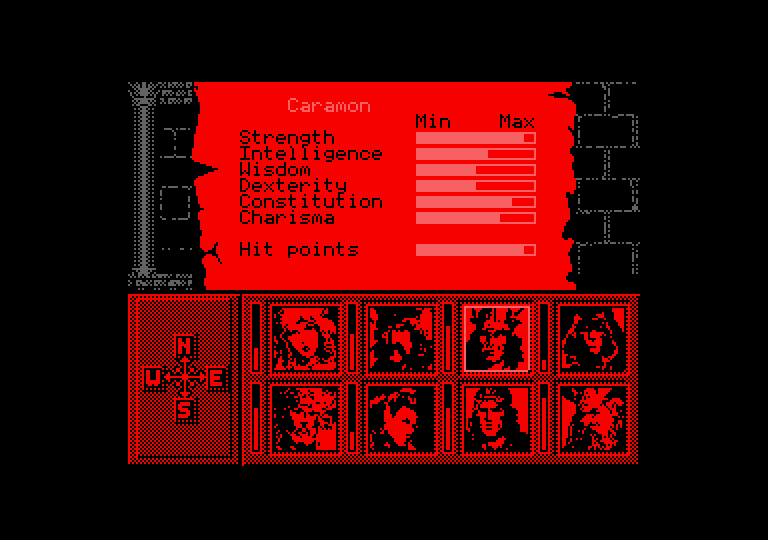 Heroes of the Lance Amstrad CPC Screenshot: Character stats.