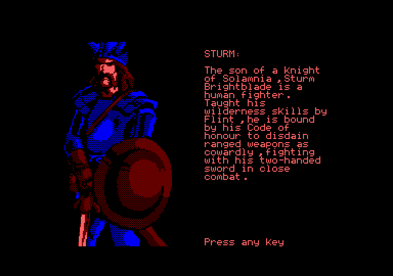 Heroes of the Lance Amstrad CPC Screenshot: Character introduction; Sturm.