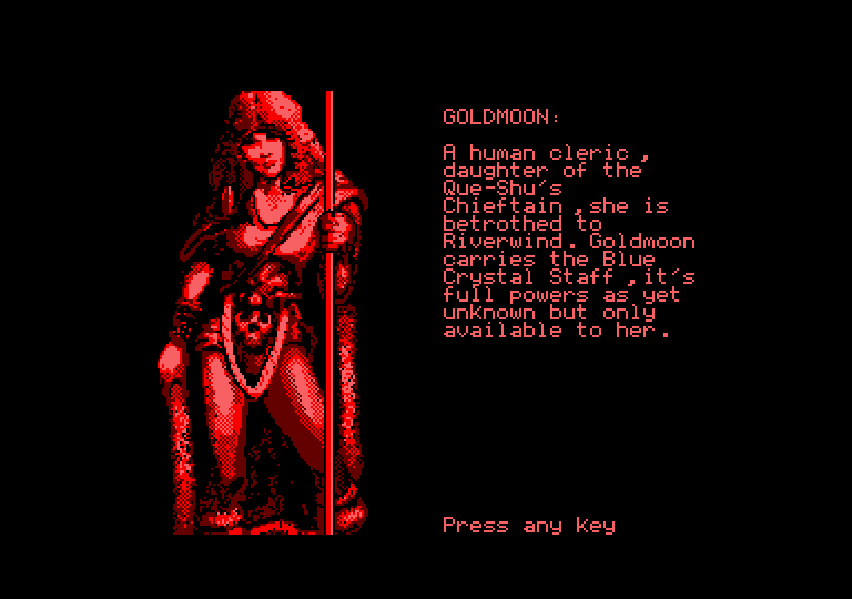 Heroes of the Lance Amstrad CPC Screenshot: Character introduction; Goldmoon.