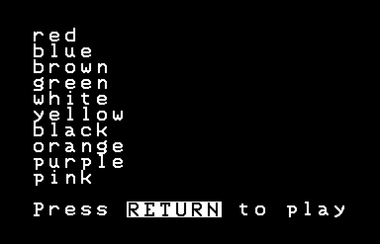 Magic Spells Commodore 64 Screenshot: I chose colors, so here are the words in the next game...