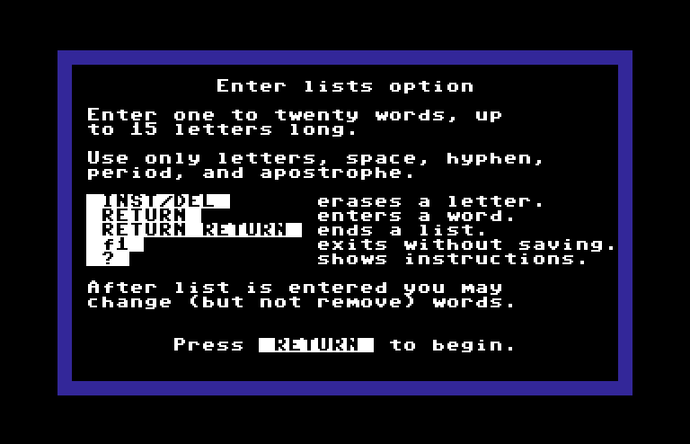 Magic Spells Commodore 64 Screenshot: Enter lists option menu.
