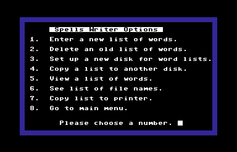 Magic Spells Commodore 64 Screenshot: Spells Writer game options.