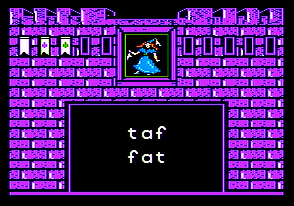 Magic Spells Apple II Screenshot: Correct answer! A character dances at the top of the castle.