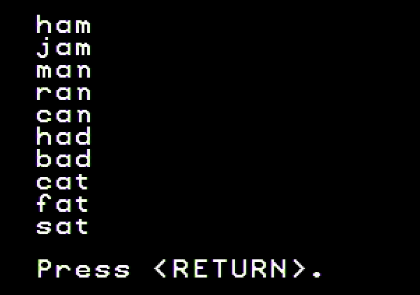 Magic Spells Apple II Screenshot: Here's the list of words for the next game.
