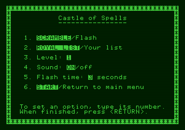 Magic Spells Apple II Screenshot: The castle of spells menu.