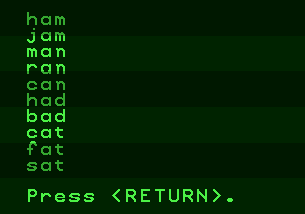 Magic Spells Apple II Screenshot: Here's the list of words for the next game.