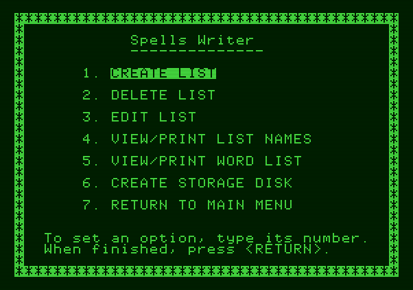 Magic Spells Apple II Screenshot: The spells writer menu.