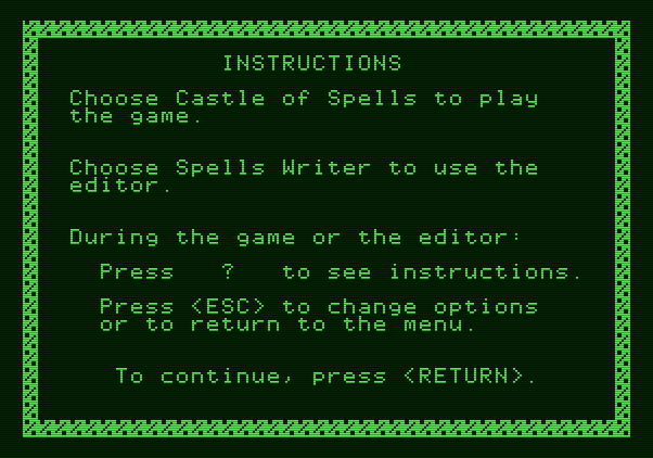 Magic Spells Apple II Screenshot: Game instructions.