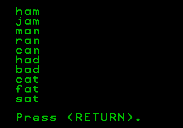 Magic Spells Apple II Screenshot: Here's the list of words for the next game.