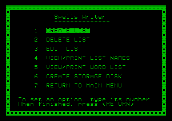 Magic Spells Apple II Screenshot: The spells writer menu.
