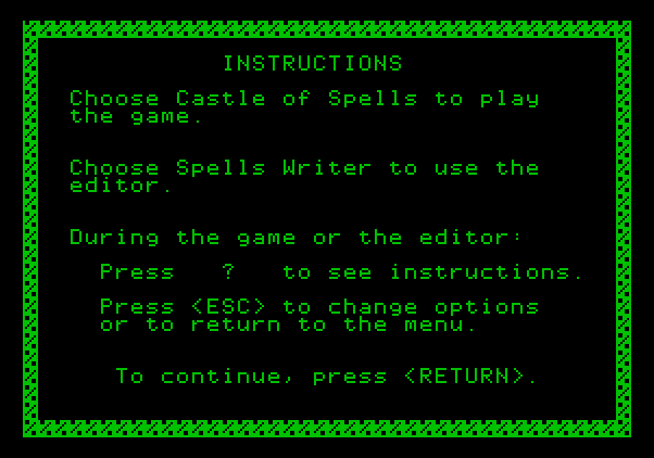 Magic Spells Apple II Screenshot: Game instructions.