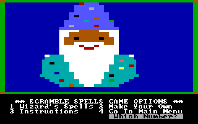 Magic Spells IBM PC/Compatibles Screenshot: Scramble spells game menu.