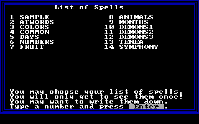 Magic Spells IBM PC/Compatibles Screenshot: A list of spells.