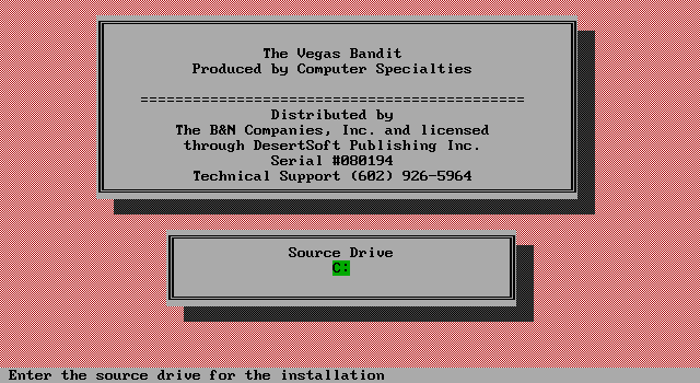 Vegas Bandit IBM PC/Compatibles Screenshot: Installer screen.