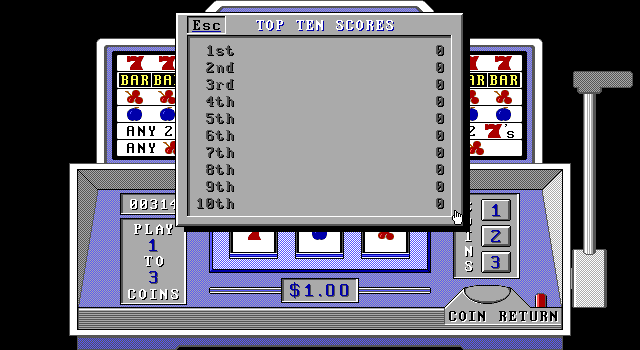 Vegas Bandit IBM PC/Compatibles Screenshot: Top ten scores, though no one made it yet.