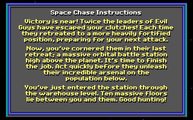Jason Storm in Space Chase: Showdown in Orbit IBM PC/Compatibles Screenshot: Game instructions.