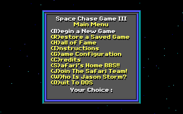 Jason Storm in Space Chase: Showdown in Orbit IBM PC/Compatibles Screenshot: The main menu.
